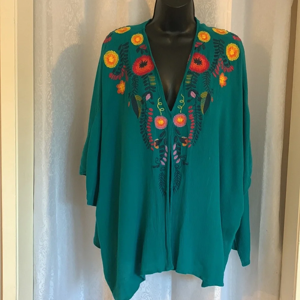 Umgee Teal Green Floral Embroidered Kimono